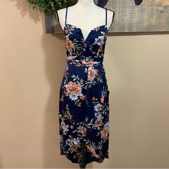 NWOT Lulus My Favorite Day Navy Blue Floral Print Tulip Skirt Midi Dress - Picture 6 of 13